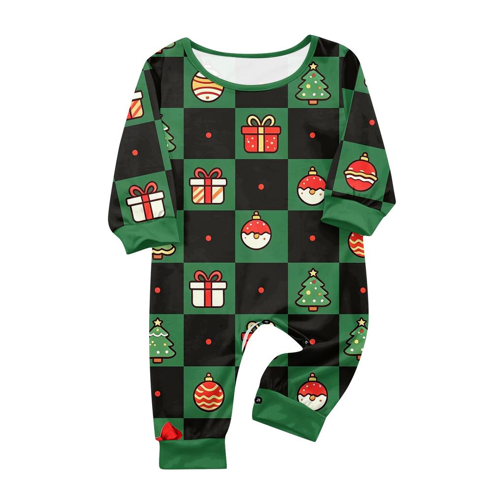 Christmas Print Matching Family Pajamas Set Long Sleeve Neck Top and Pants for Parents and Kids