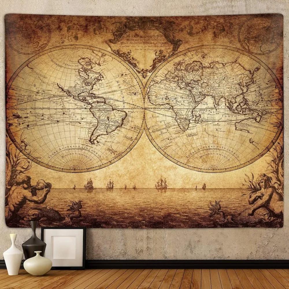 2D Flat Printing Vintage World Map Tapestry Retro Nautical Old World Hemisphere Print Wall Hanging for Living Room Study Home De