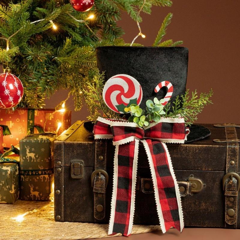 Black Fabric Christmas Tree Toppers With Elegant Bowknot Hat Decoration For Holiday Home Office Decoration