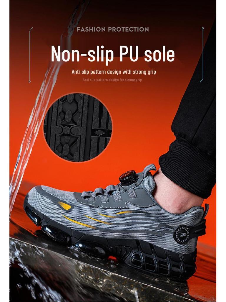 Men's Fly-Knit Safety Shoes: Anti-Smash, Anti-Puncture, Breathable, Lightweight, Comfortable, Wear-Resistant with Soft Sole and Button Closure.