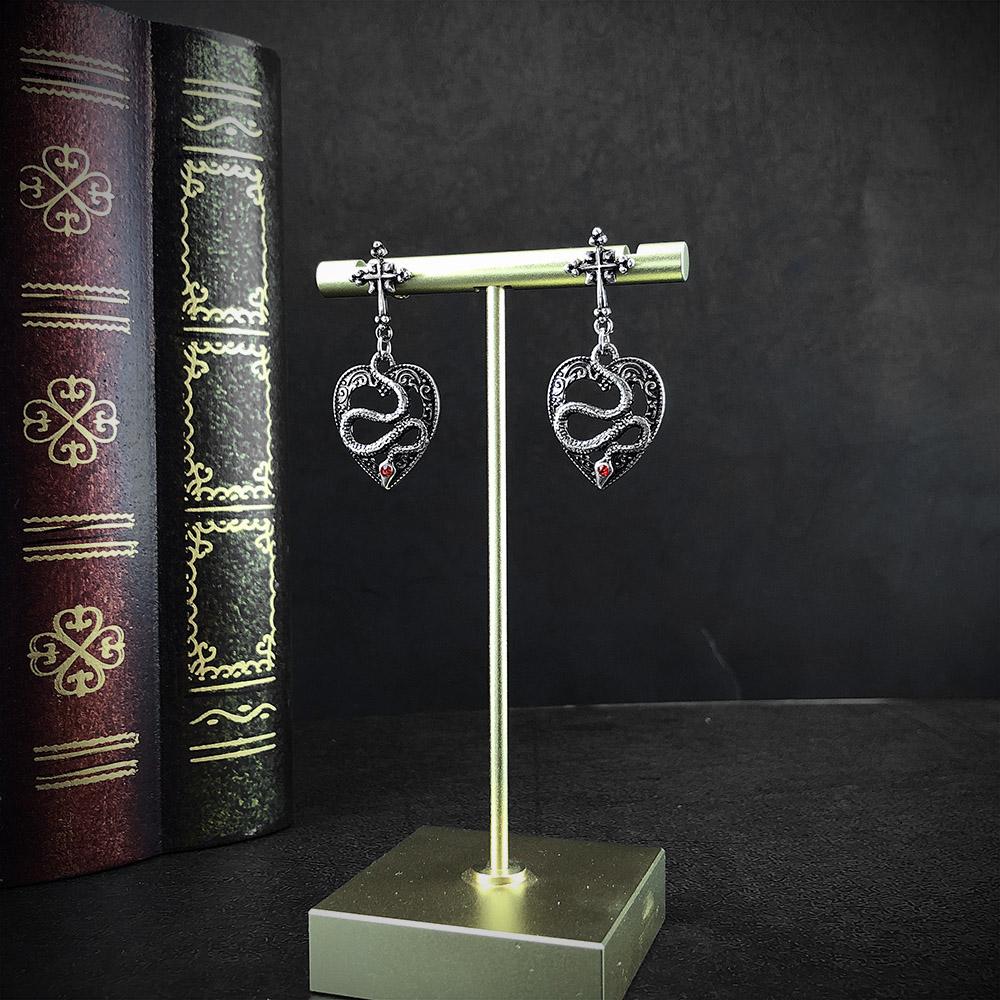 Style Dark Punk Gothic Vintage Ancient Silver Color Cross Hollow Heart-Shaped Snake Ear Stud Dangle Earrings