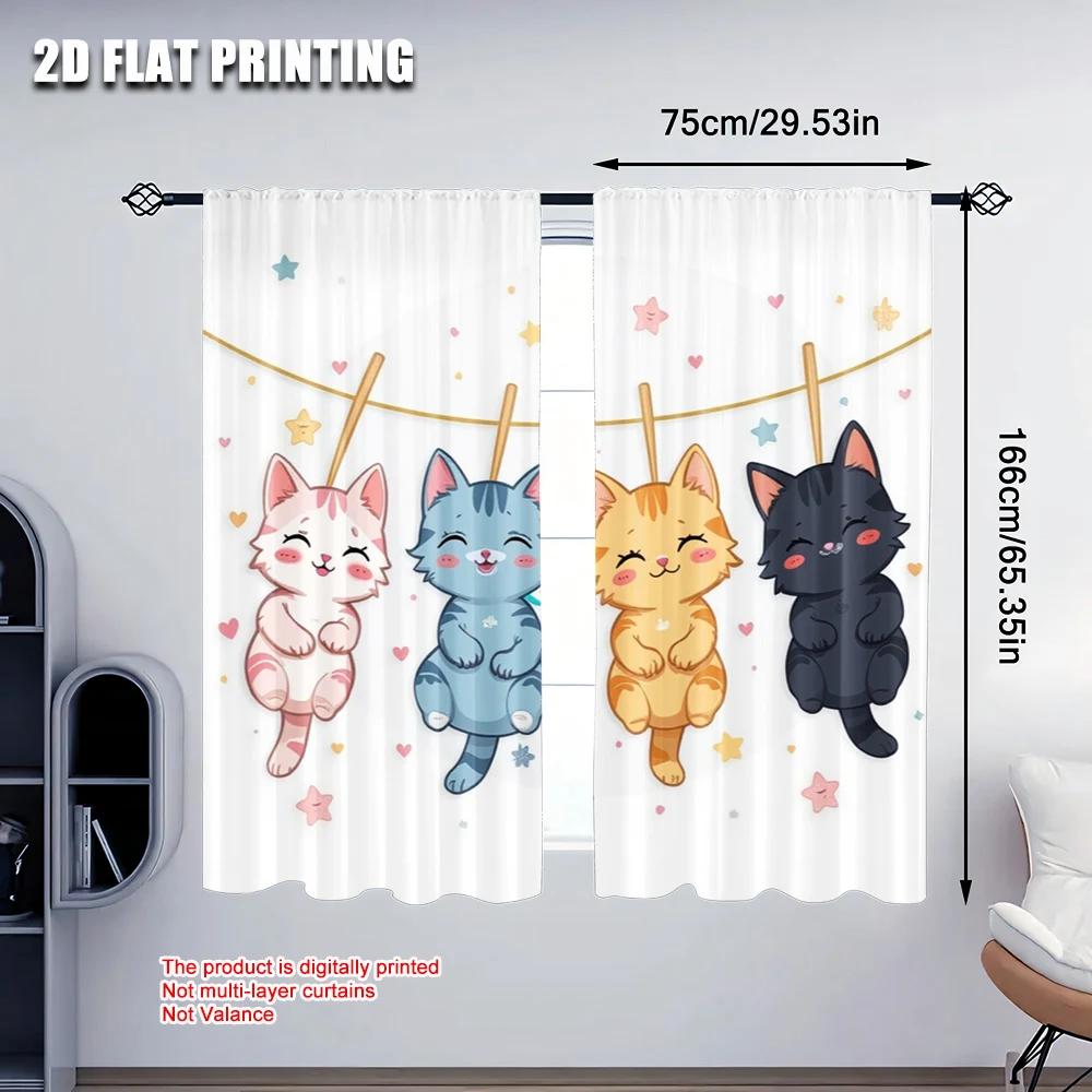 Flat Printing Curtain Cute Hanging Cats Versatile Fabric Without Electricity Family Party Decoration Perfect Bedroom Set Of 2 Made Polyester Washable