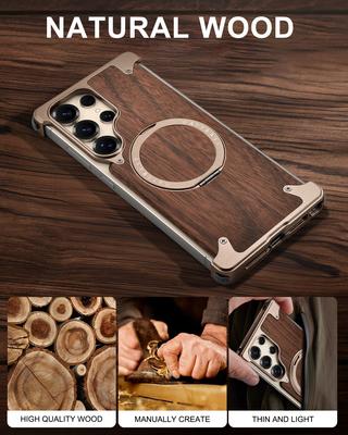 Eary Wood Case for Galaxy S25 S24 Ultra With 360° Rotation Kickstand Shockproof Protective Cover Unique Wooden Design Frameless