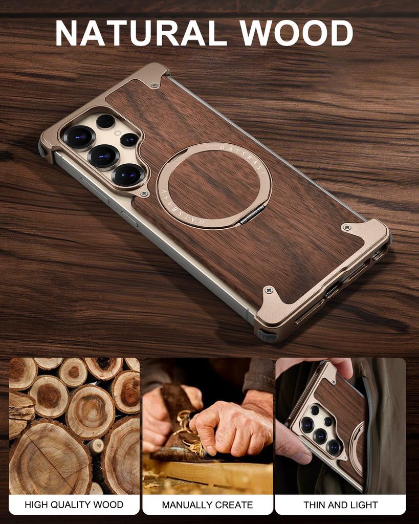 Eary Wood Case for Galaxy S25 S24 Ultra With 360° Rotation Kickstand Shockproof Protective Cover Unique Wooden Design Frameless