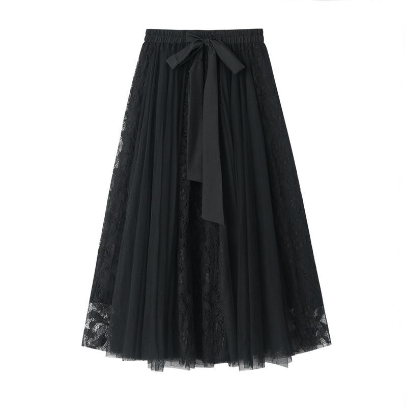 Spring New Style All-match Bow Tie High Waist Lace Embroidered Stitching Mesh Skirt Princess Style Tutu Skirt