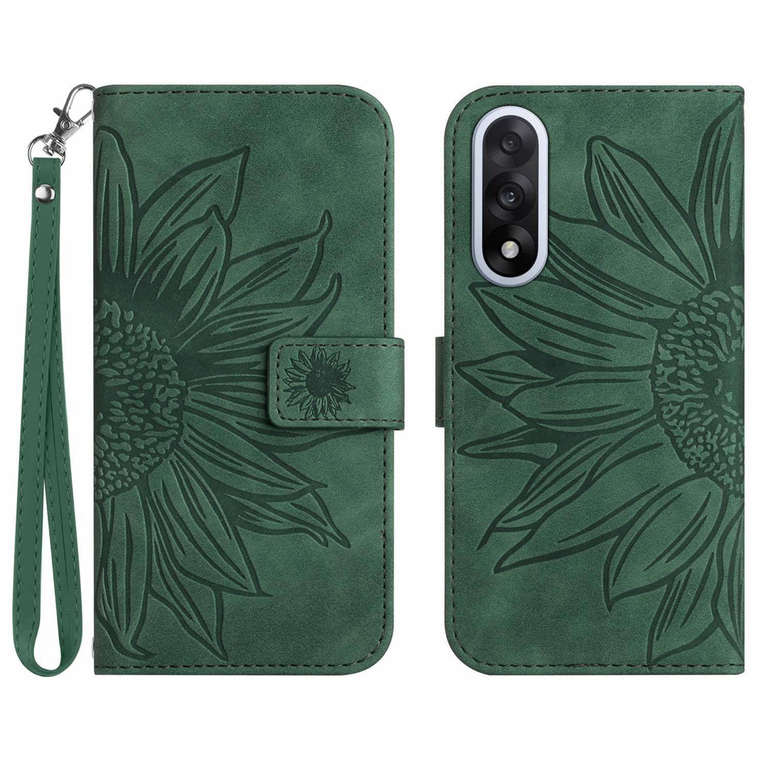 

For OnePlus Nord 5 5G Case Sunflower Imprint Leather Wallet Phone Cover with Wrist Strap Dark Green