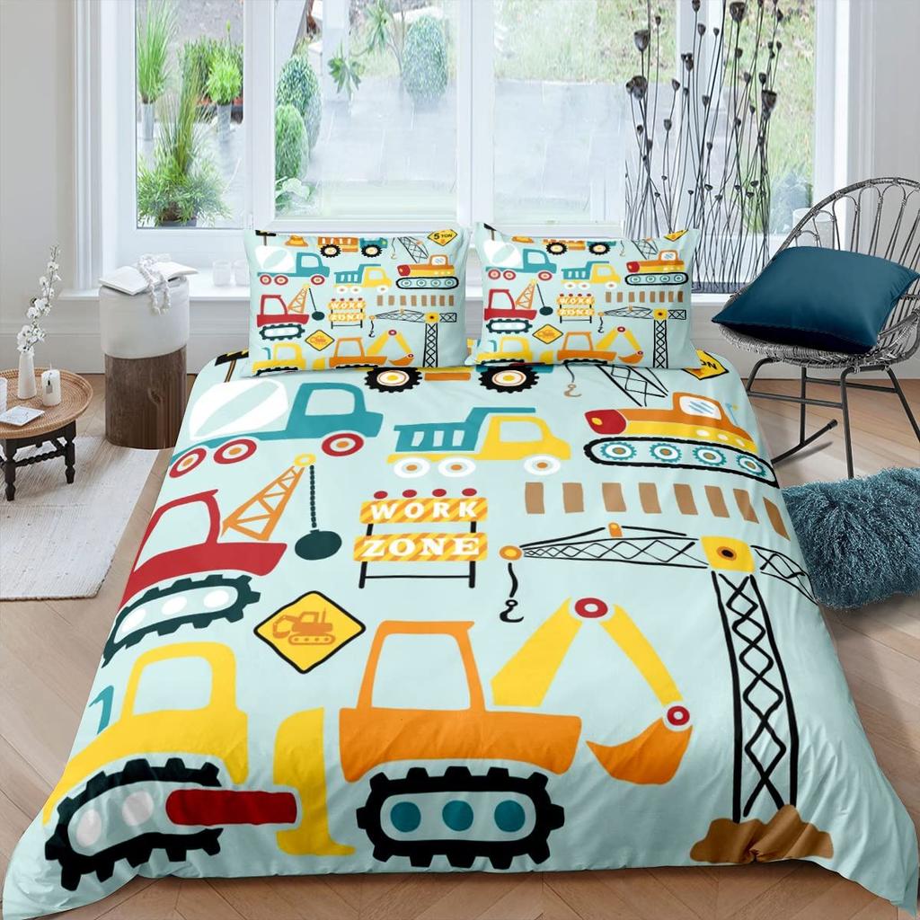Excavator Duvet Cover Set Microfiber Tractor Truck Comforter Cover Twin Construction Vehicle Cartoon Bedding Set For Boys Teens