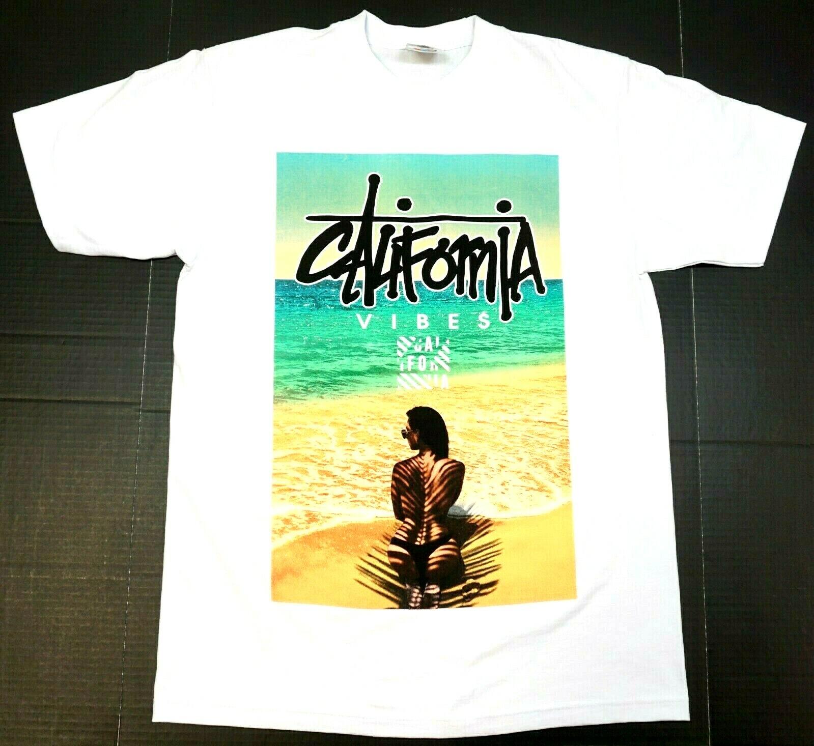 CALIFORNIA VIBES T-shirt Cali Urban Streetwear Adult Men s Tee White New L