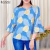 ZANZEA Blouse d'été décontractée à col rond et manches 3/4 amples à fleurs pour femmes