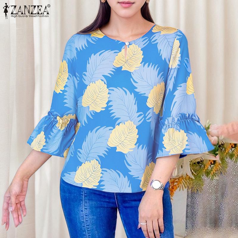 ZANZEA Blouse d'été décontractée à col rond et manches 3/4 amples à fleurs pour femmes