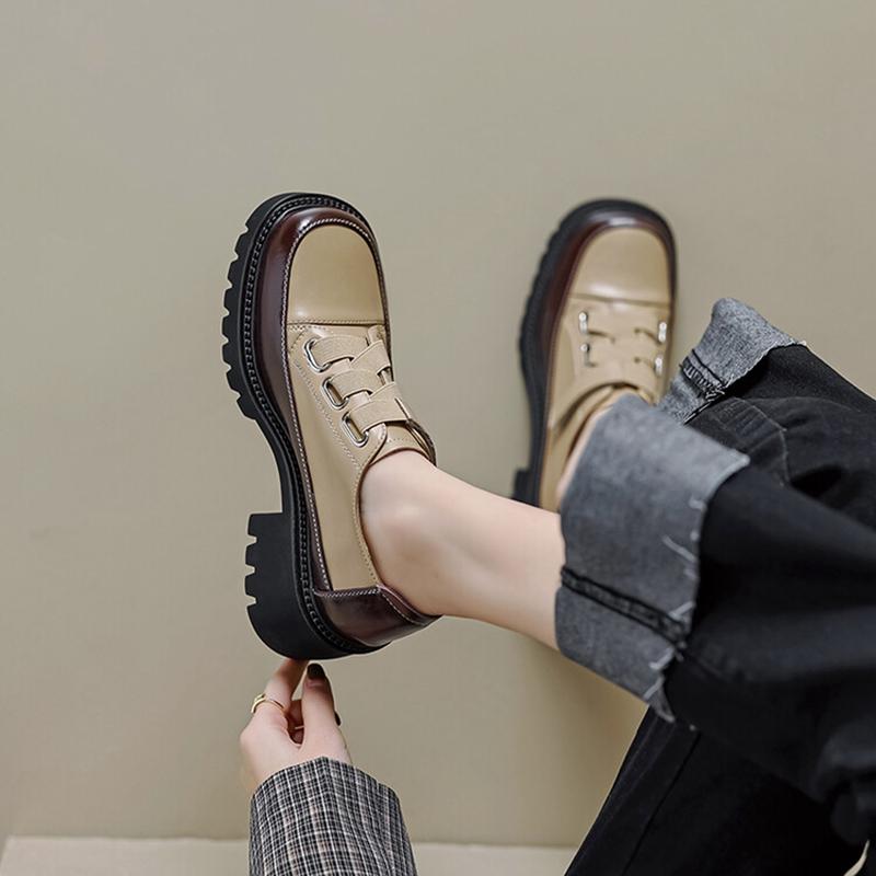 Fashion Spring/Autumn Women Shoes Split Leather Shoes Round Toe Lace Up Platform Shoes Color Mixed Thick Heel Loafers for Women Sneakers