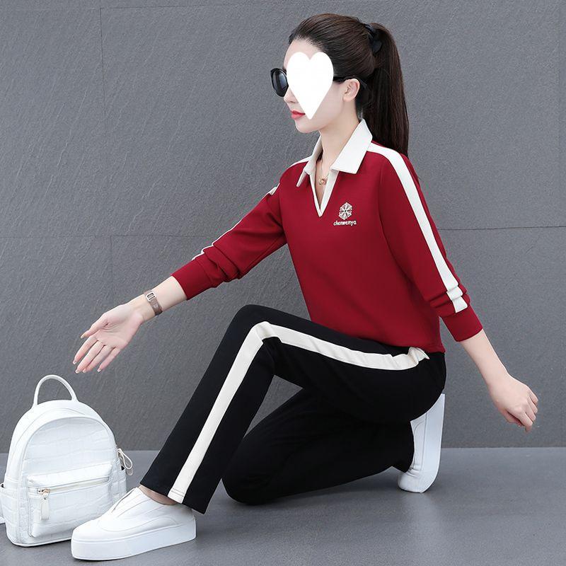 Fashionable Lapel Sweatshirt Suit for Women Spring and Autumn Thin Mommy Wear Red Casual Sportswear Two-piece Set