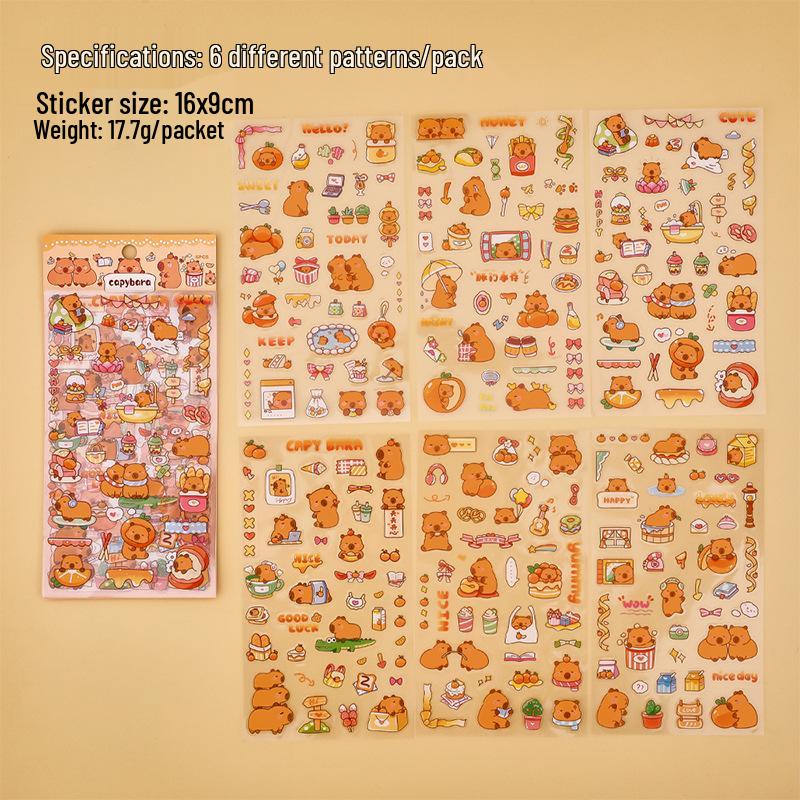 6 Sheets of Cute Capybara Stickers for Students - Fun and High-Value Stationery Decor