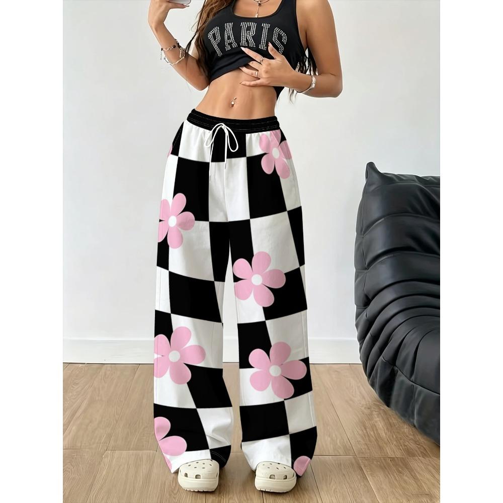 Ladies casual trousers, retro wide-leg trousers, plaid bohemian print, comfortable and breathable