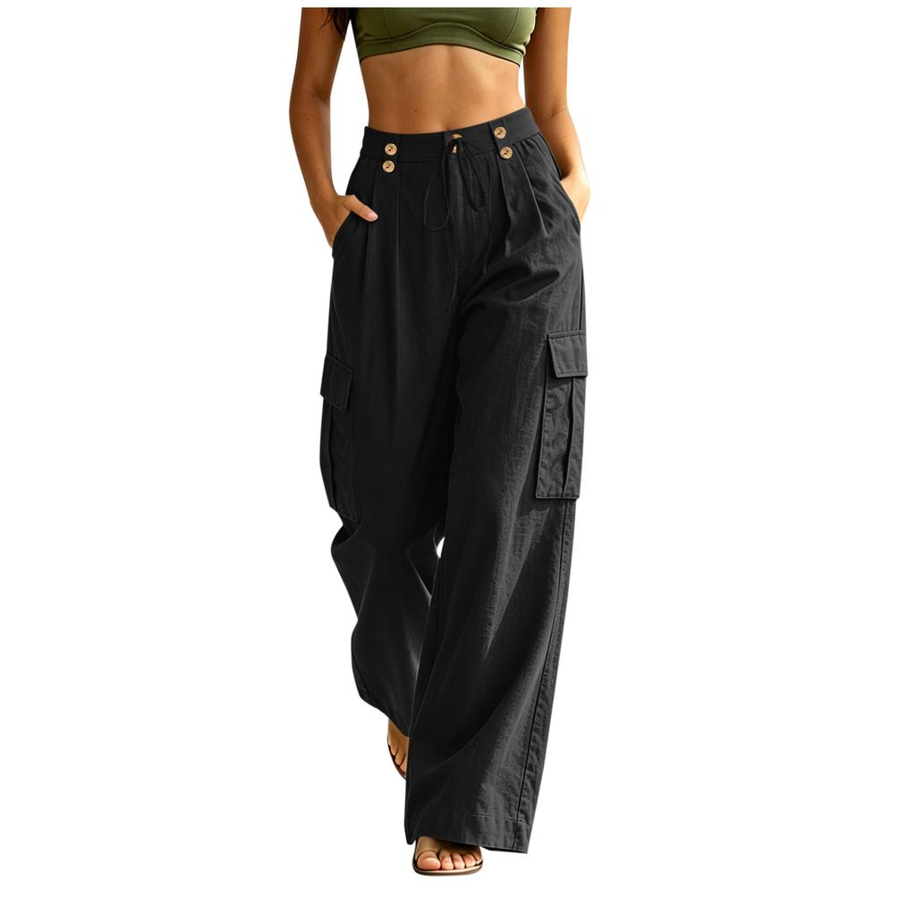 Women Wide Leg Cargo Pants High Waist Button Detail Loose Fit Casual Trousers with Side Pockets and Pleated Design