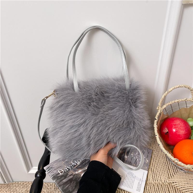 Winter Simple Soft Plush Shoulder Bags for Women Solid Color Ladies Faux Fur Crossbody Bag Versatile Femlae Bucket Handbags