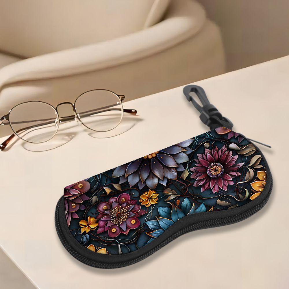 2D-Boho Floral Pattern Protective Eyewear Holder, Vintage Botanical Sunglasses Case, Zipper Eyeglasses Pouch, Lightweight Zipper Travel Accessory for