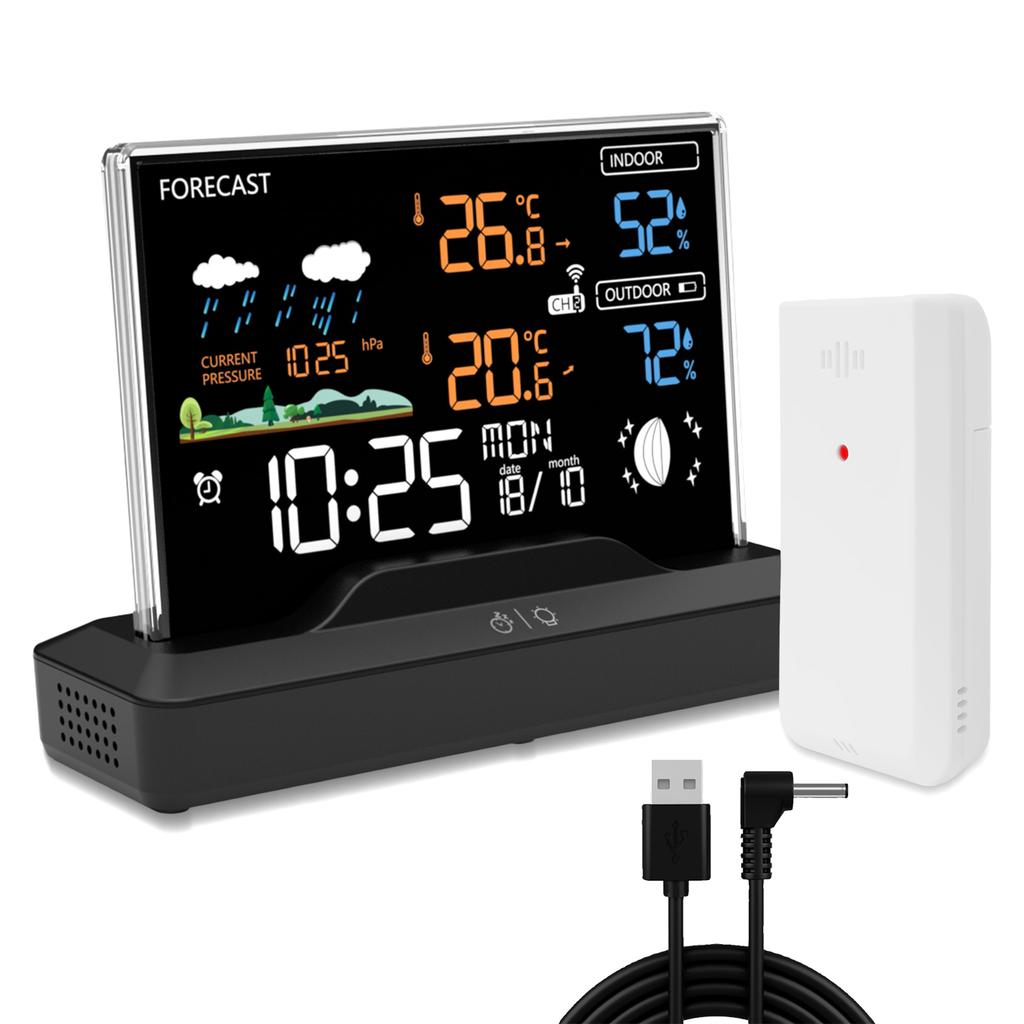 Wireless Weather Station Home RF Alarm Clock VA Color Screen In/Outdoor Thermometer Hygrometer with Weather Forecast 2025 New