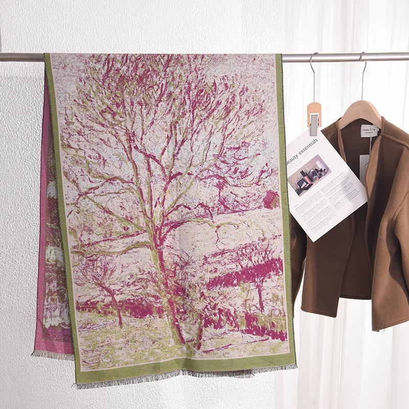 Korean Style Fashionable Rural Scenery Big Tree Printed Temperament Scarf Women's Long Warm and High End Imitation Cashmere Shawl