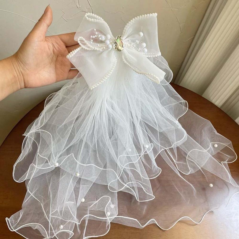 White Girls Head Gauze Bow Bridal Tulle Fashion Veil Hair Clip  Hairpins