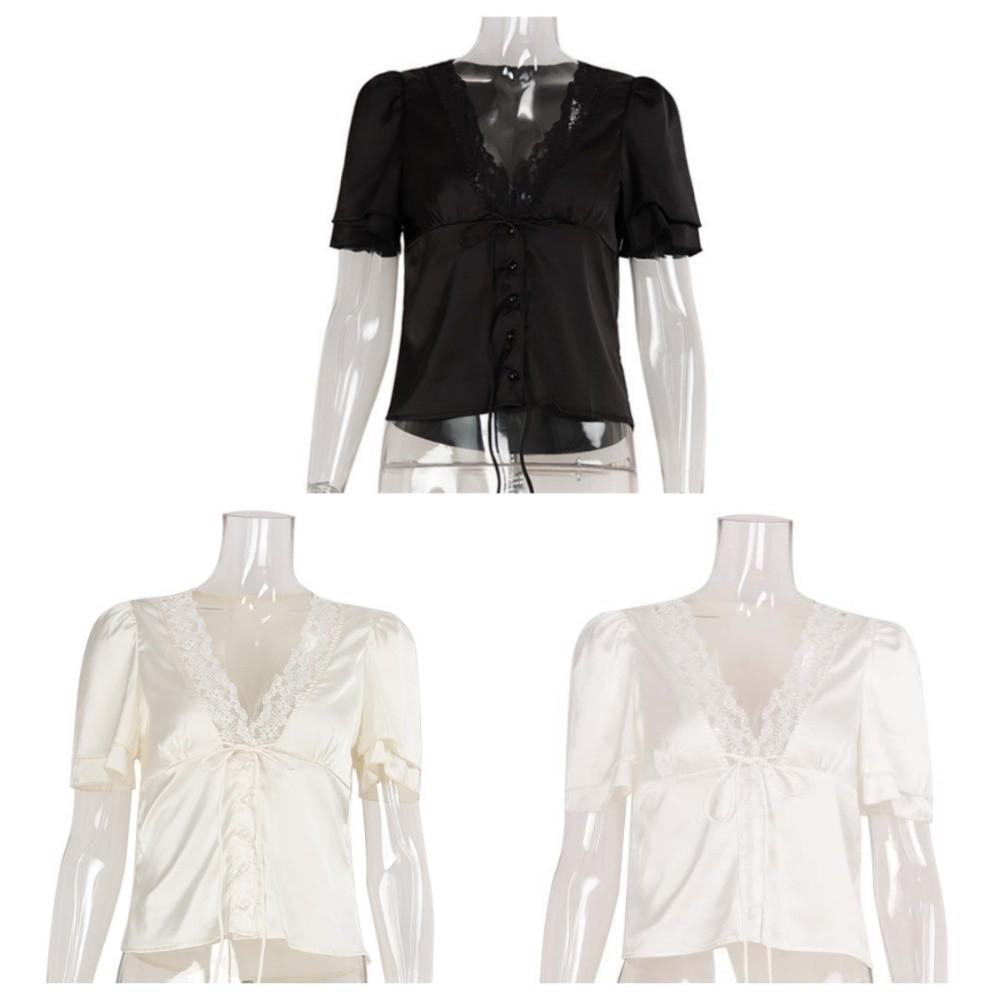 Kurzarm V-Ausschnitt Etuikleid T-Shirts Atmungsaktives Hemd Bluse Mode Spitze Patchwork Oberteile Damen