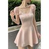 Wanna close waist knitted dress slim summer ice silk skirt sweet bubble sleeve square neck skirt, summer