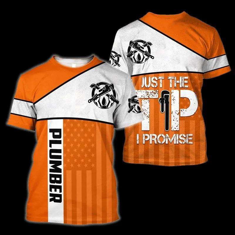 Instalatérská grafická trička 3D potisk tričko Pánské oblečení Letní pánské topy Mechanik Krátký rukáv Kulatý výstřih Osobnost O-výstřih Topy