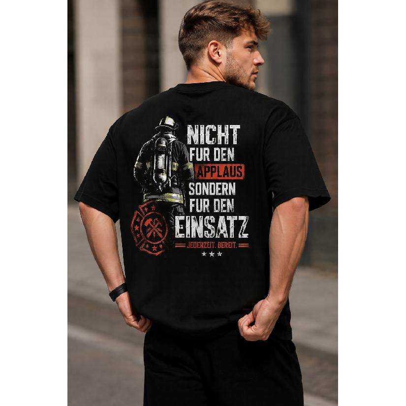 Herren schwarzes Kurzarm-T-Shirt mit Feuerwehr-Grafik, Rundhalsausschnitt, lockere Passform, weiches Baumwollgefühl, deutsches Textdesign, lässige Alltagskleidung
