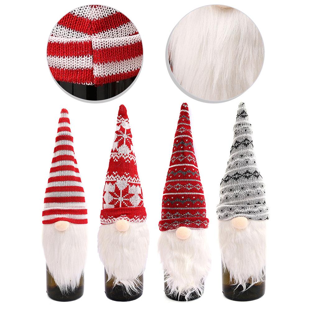 Four Wine Bottle Covers with Whimsical Gnome Design for Holiday Tables Suitable for Christmas New Year and Festive Events