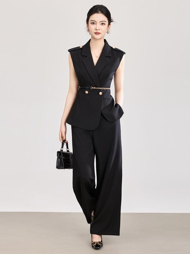 Women's Spring/Summer Age-Defying Suit Set: Waist-Cinched Vest & Draped Wide-Leg Pants.
