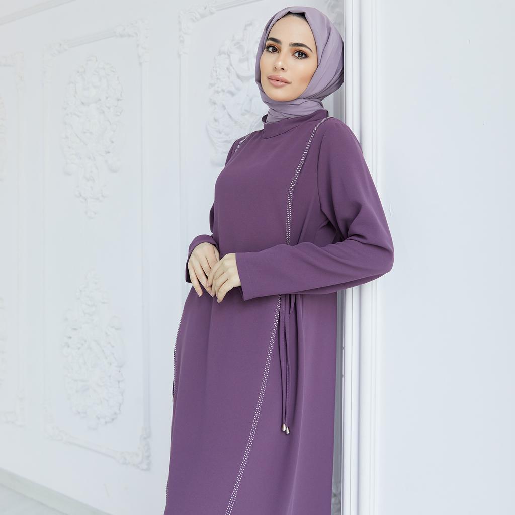 Side Tie Long Sleeve Plus Size Muslim Women Dress Abaya