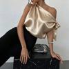 Dames Blouse Schuine Schouder Asymmetrisch Off-Shoulder Strik Blouse Casual Kantoorstijl Losse Pasvorm Satijnen Tops Dagelijkse Kleding