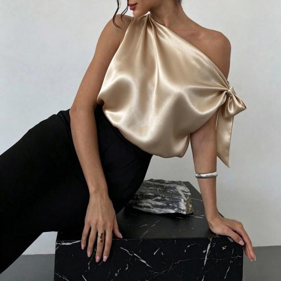 Dames Blouse Schuine Schouder Asymmetrisch Off-Shoulder Strik Blouse Casual Kantoorstijl Losse Pasvorm Satijnen Tops Dagelijkse Kleding