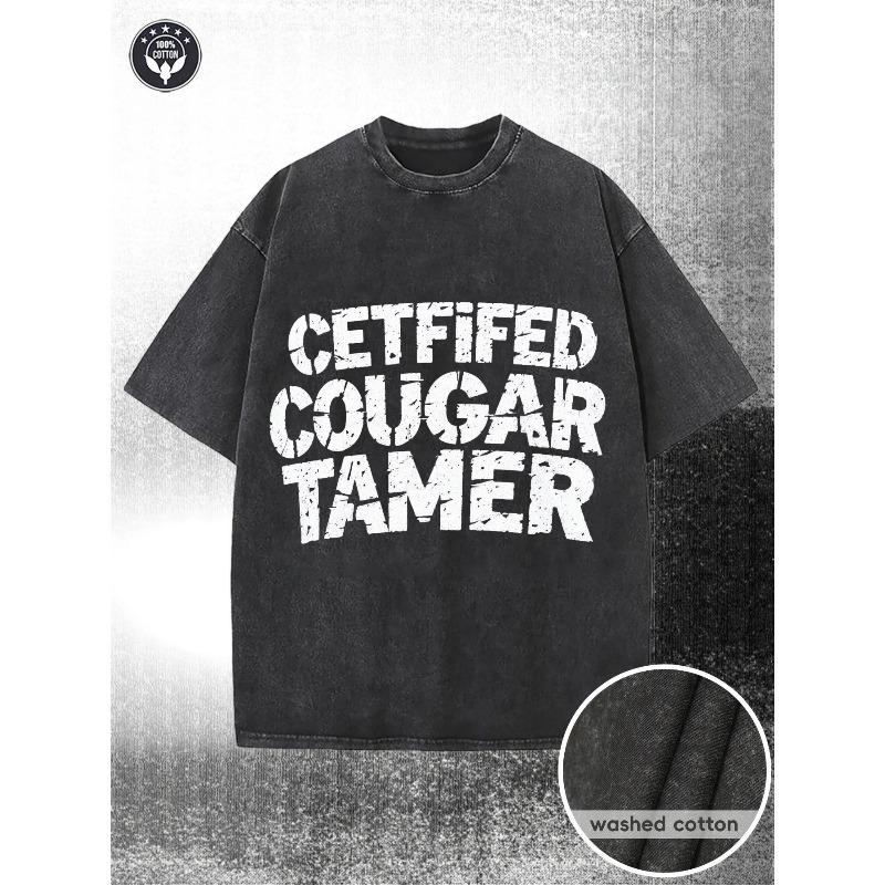 Washed Men s T-Shirt | Distressed Bold Text Design - CETIFIED COUGAR TAMER Graphic T-Shirt, for Casual Wear, a Unique Gift for Friends and Family S чёрный