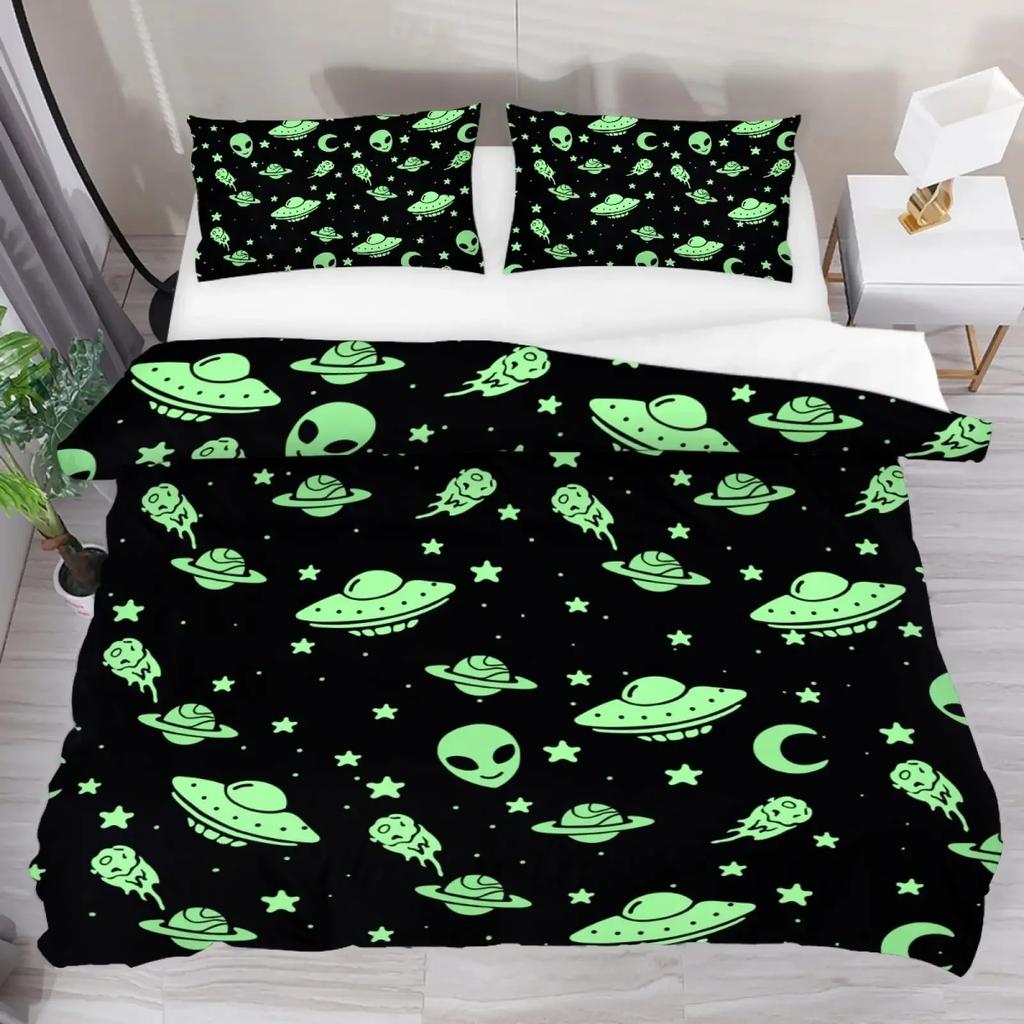 Alien UFO Duvet Cover Queen Boys Kids Supernatural Martiansal Beings From Other Planets Head of An Alien Polyester Qulit Cover