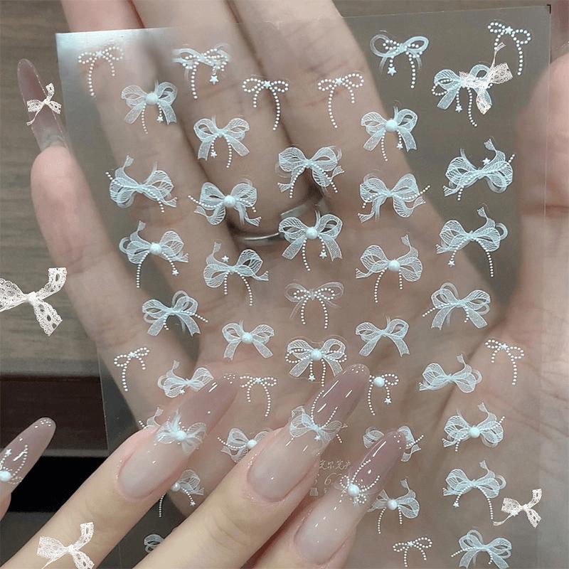 White 5D Pearl Lace Bowknot Wave Lines Nail Stickers Elegant Exquisite Nail Decoration Decals DIY Self Adhesive Transfer Slider