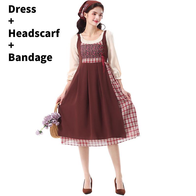 

Stage Costume For Women Plaid Floral Fake Two Piece Garden Dress For Show XXL