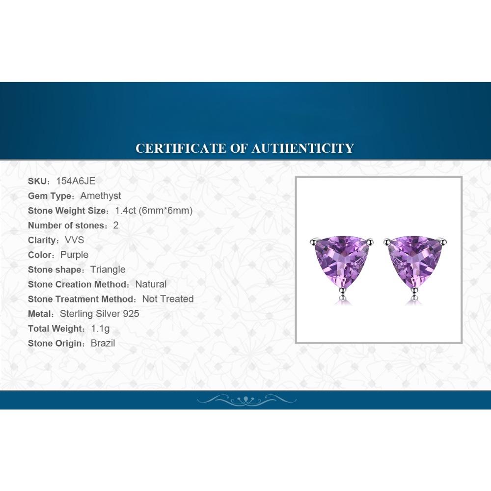 D Color 1.4ct Triangle Genuine Purple Amethyst 925 Sterling Silver Stud Earrings for Women Fashion Gemstone Jewelry Gift