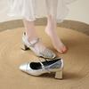 Fashion 2025  Women's Office Ladies New Silver Black Square Toe One Strap Block Mid Heel Pumps Elegant Street Style High Heels Shoes