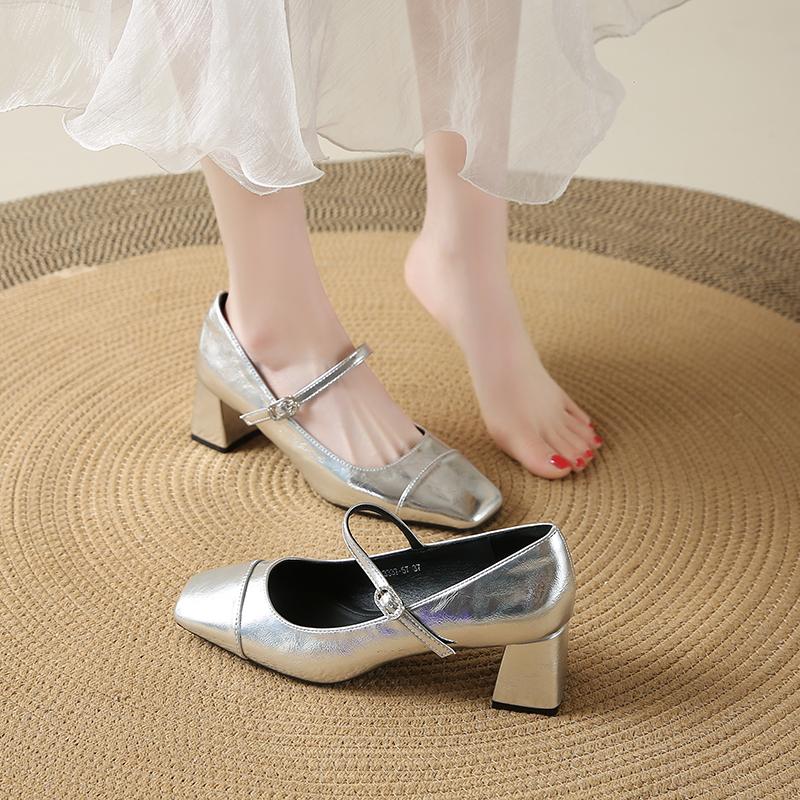 2025 Women's Office Ladies New Silver Black Square Toe One Strap Block Mid Heel Pumps Elegant Street Style High Heels Shoes