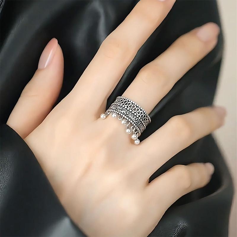 Vintage Thai Silver Round Beads Tassel Adjustable Finger Rings For Women Hiphop   Jewelry Gift Party Rock