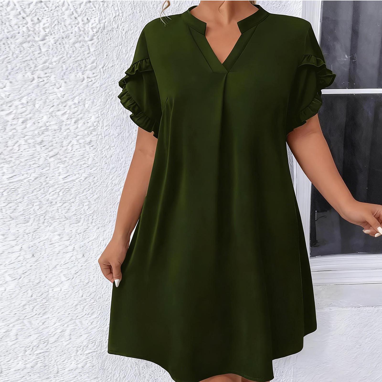 

A Line Dress for Women with Ruffled Sleeve Flowy Cut and Sleeve Suitable for Summer Dress Occasions XL темно-зелений колір