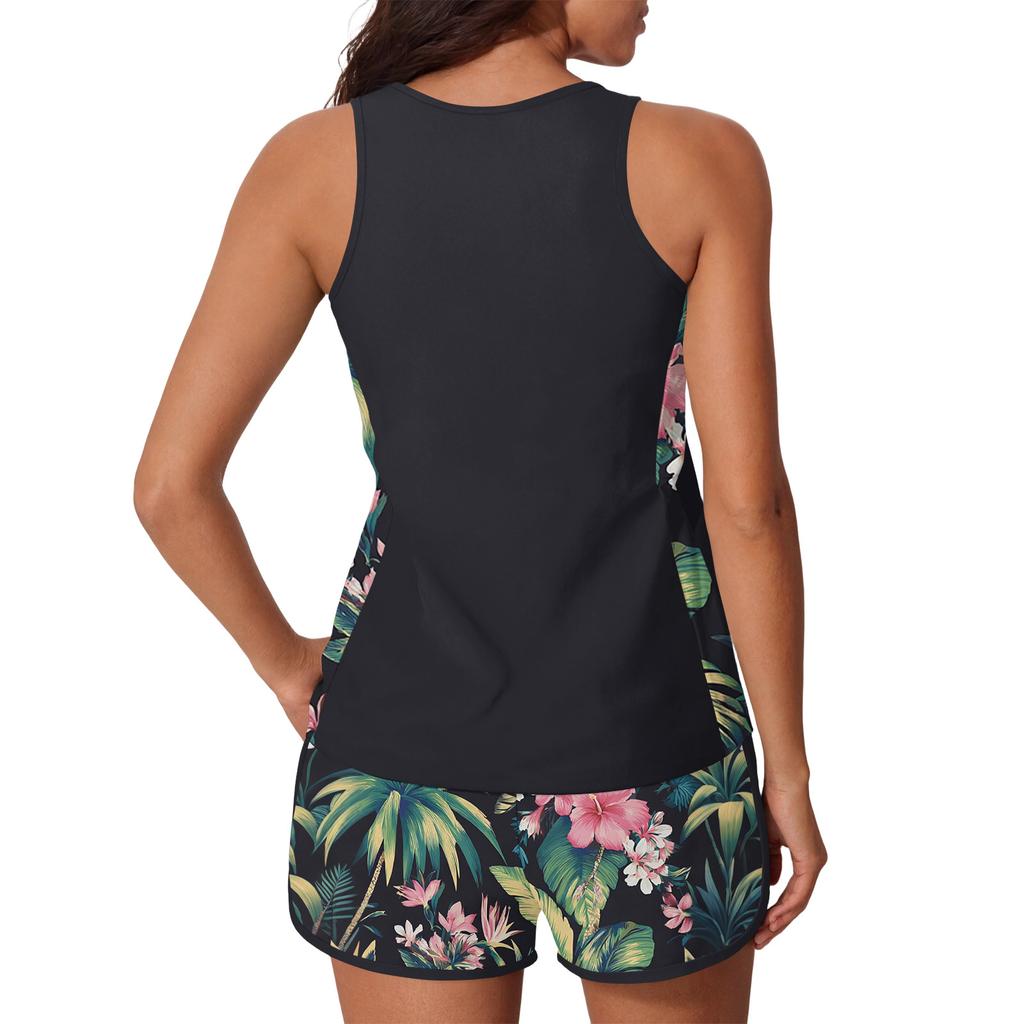 Women’s Two Piece Tankini Swimsuit Set with Floral Print Athletic Tank Top and Swim Shorts for Beach Pool Sports