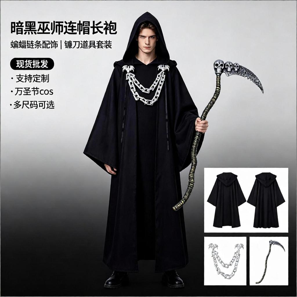 Halloween Dark Chain Hooded Men's Polyester Echo Cape Medieval Role-Playing Party Cosplay Cloak