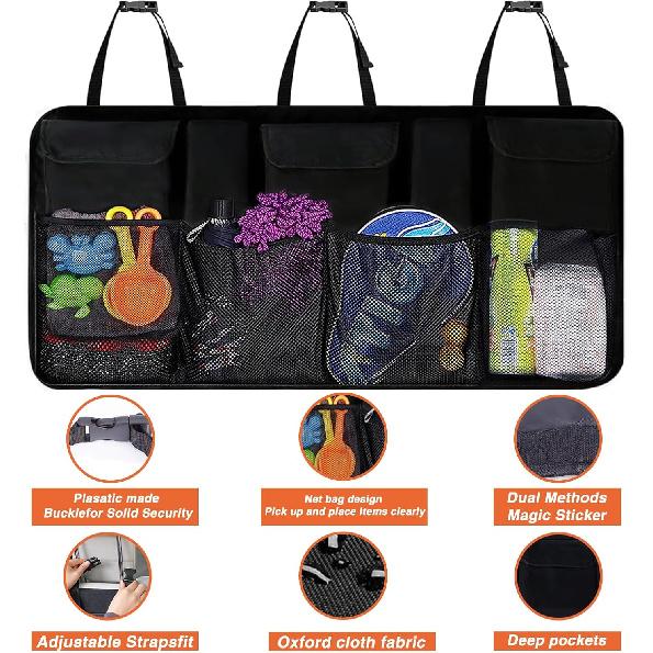 Car Backseat Trunk Organizer, Auto Hanging Back Seat Storage, Car Cargo Trunk Storage Organizer Bag for Truck, SUV, Van with Adjustable Straps