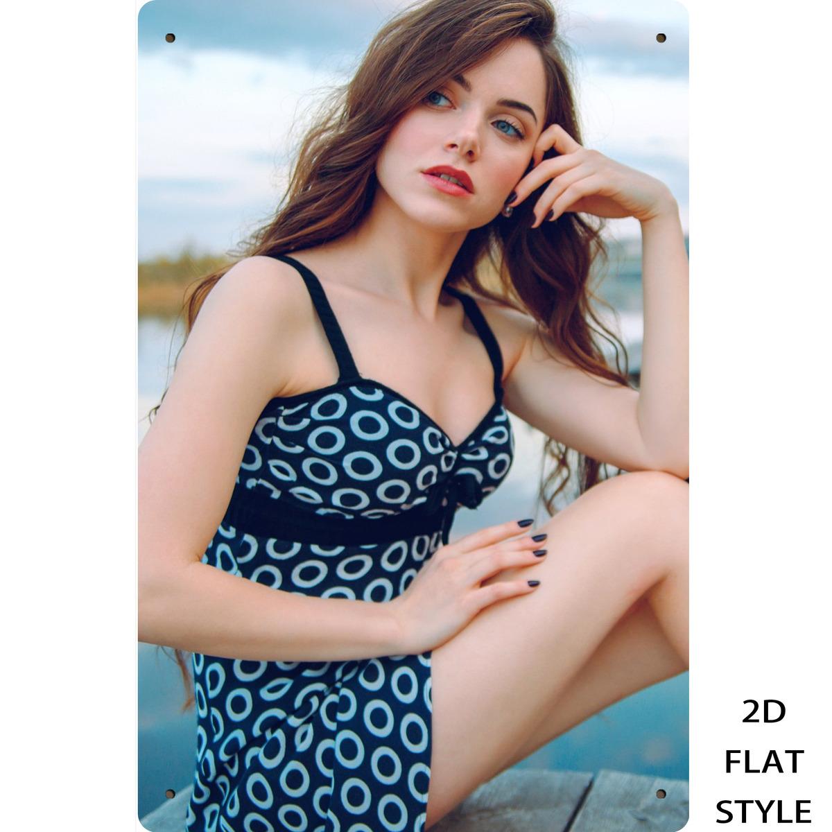 

HD Metal Tin Sign Beautiful Woman in Polka Dot Dress Lakeside Portrait Wall Art Decor 20x30cm（7.8x11.8inch）
