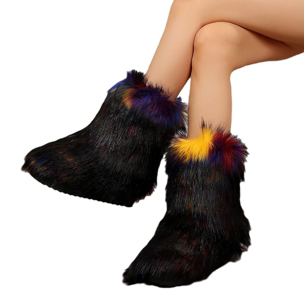 New Color Plush Medium Tube Snow Boots Women's Large Size Fluffy Women's Boots Sizes 36-44