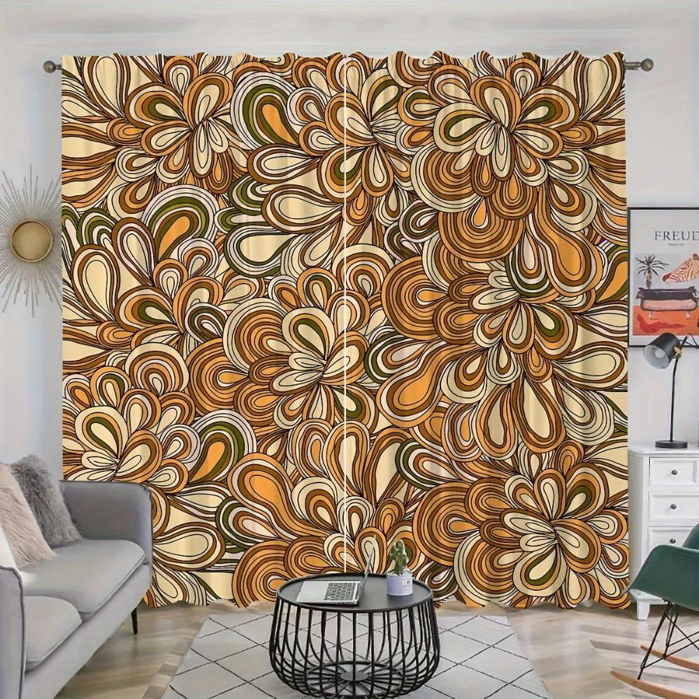 2 Stück, Böhmische Blumen Vögel Landschaft, Stangendurchzug, Digital bedruckte Vorhänge, Polyestermaterial, Geeignet für Wohnzimmer Schlafzimmer