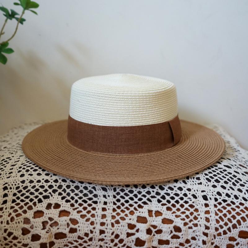 French Retro White Khaki Flat Top Top Top Hat Women'S Summer Sunshade Vacation Beach Sun Straw Hat Big Brim