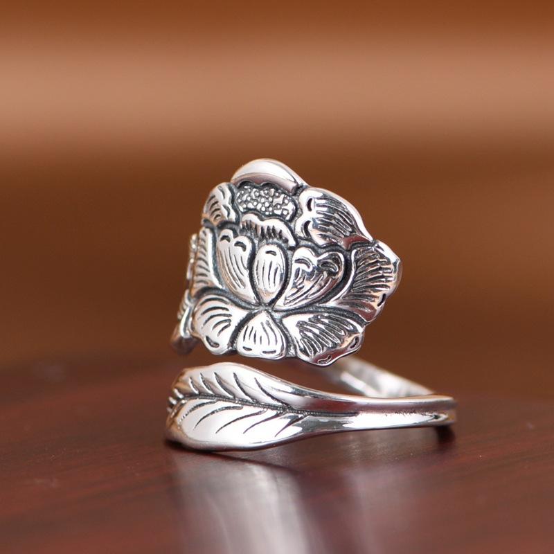Buyee 925 Silver Big Ring Finger Peony Open Ring for Women Fashion Flower Fine Jewelry Circle Gift